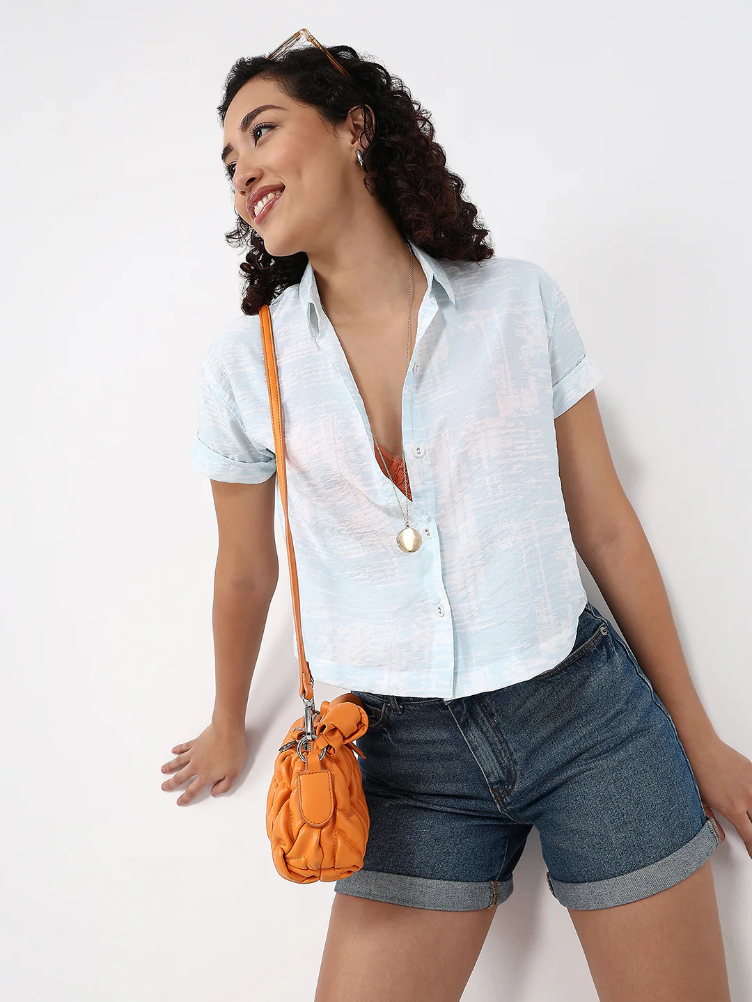 Women Abstract Sky Print Crop Shirt - Image 2