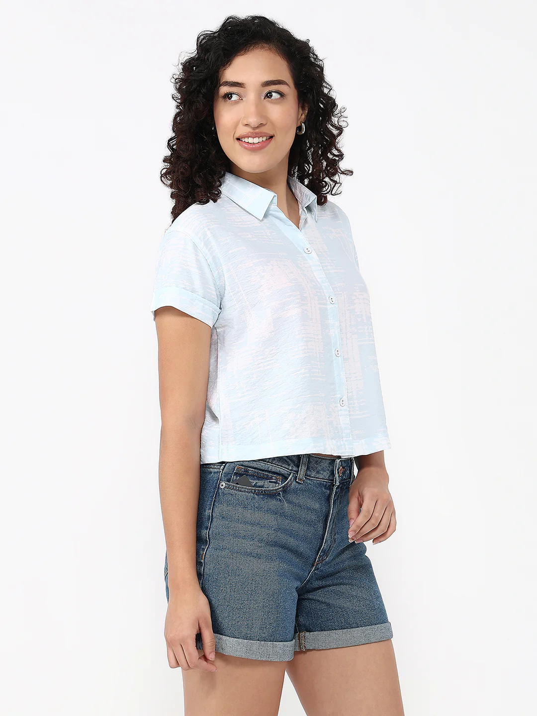 Women Abstract Sky Print Crop Shirt - Image 4