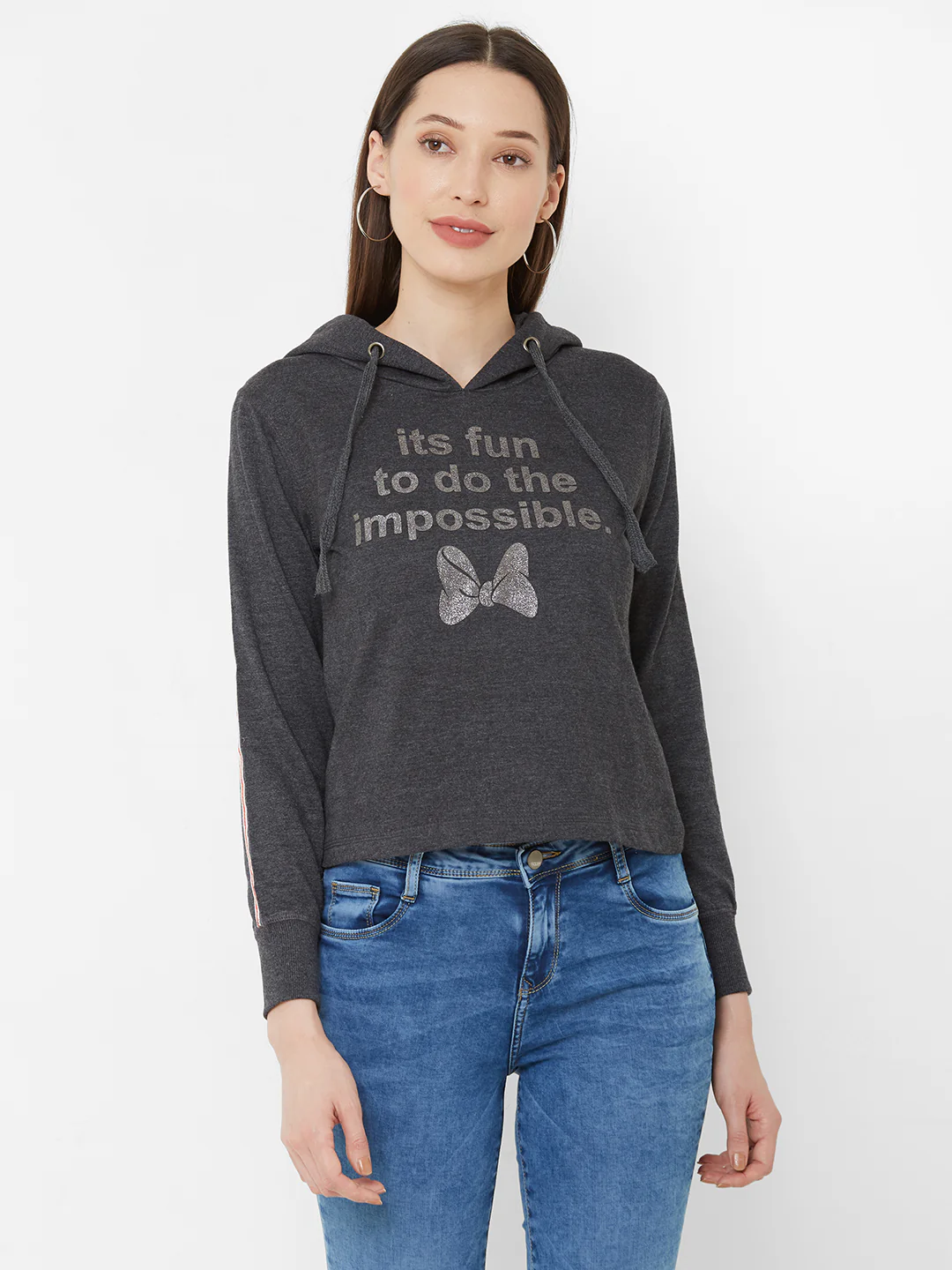 Women Anthra Melange Hood T-Shirt - Image 2