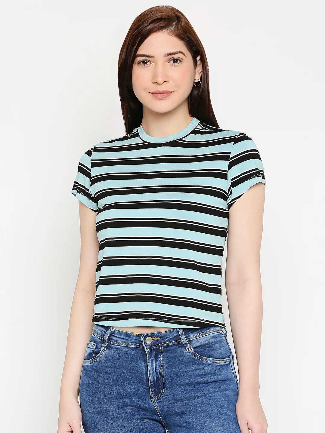 Women Aqua Black Crop Tees - Image 2
