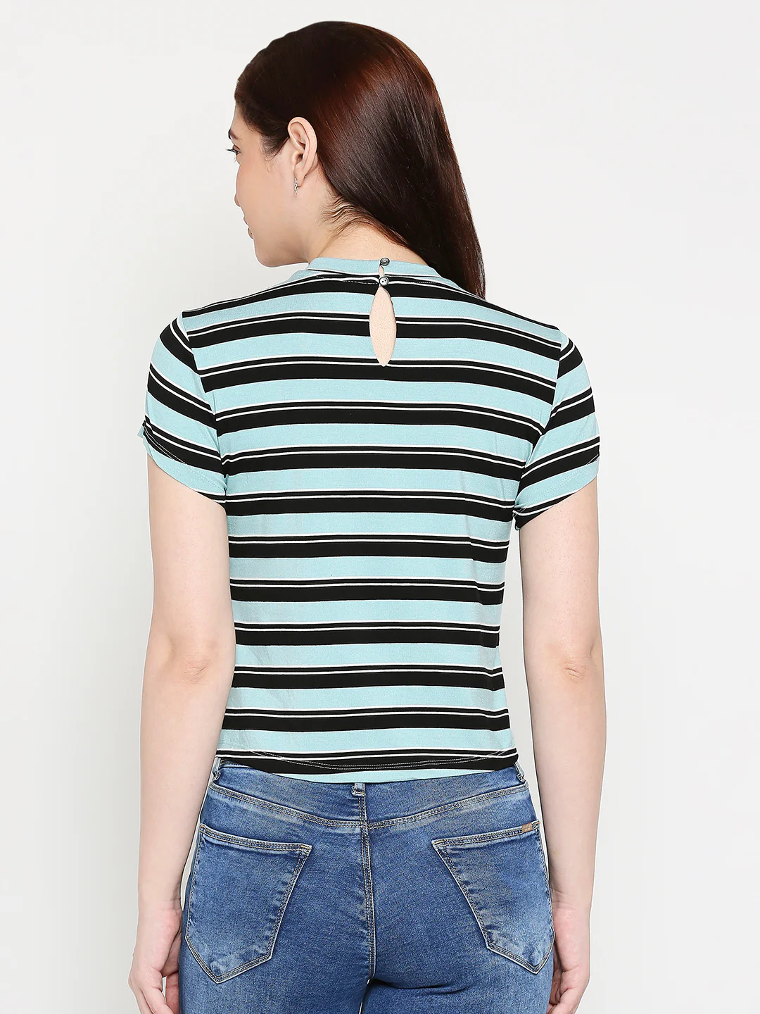 Women Aqua Black Crop Tees - Image 3