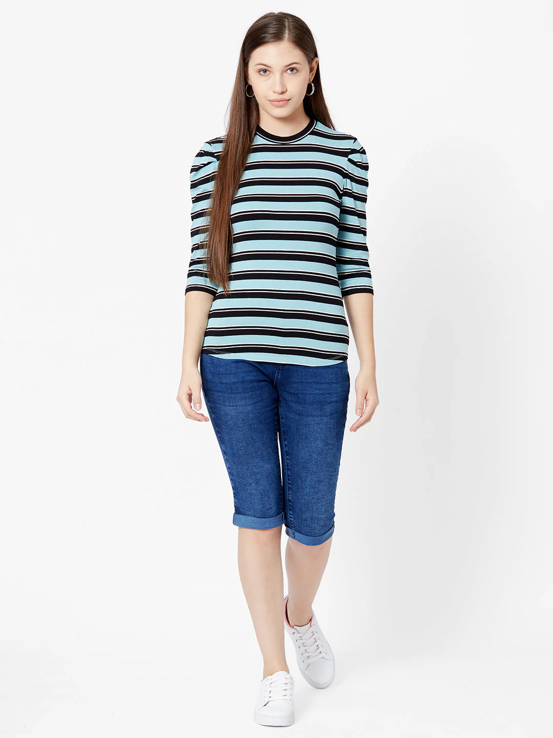 Women Aqua Black Stripe T-Shirt - Image 2