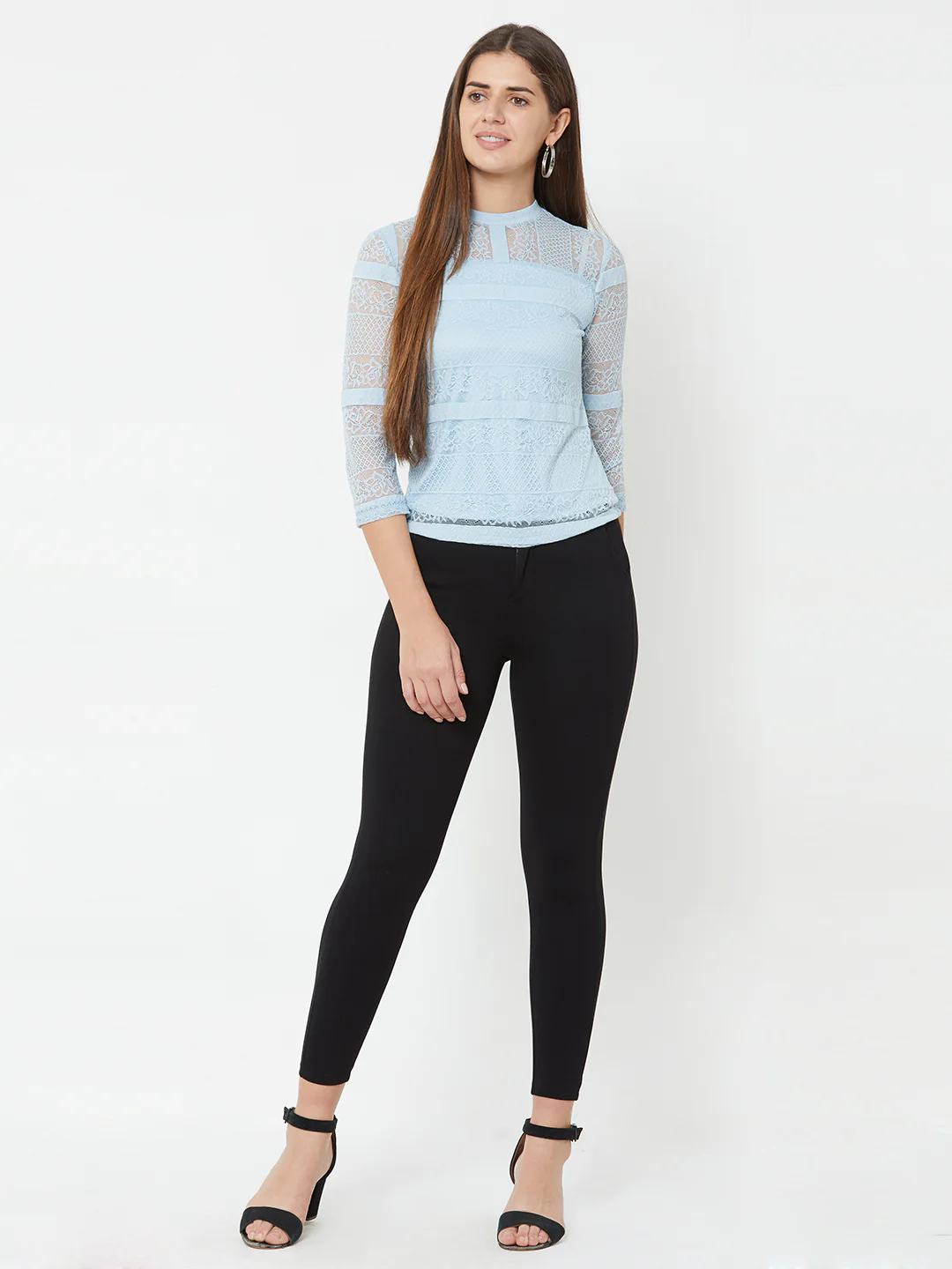 Women Aqua Blue Slim Lace Top
