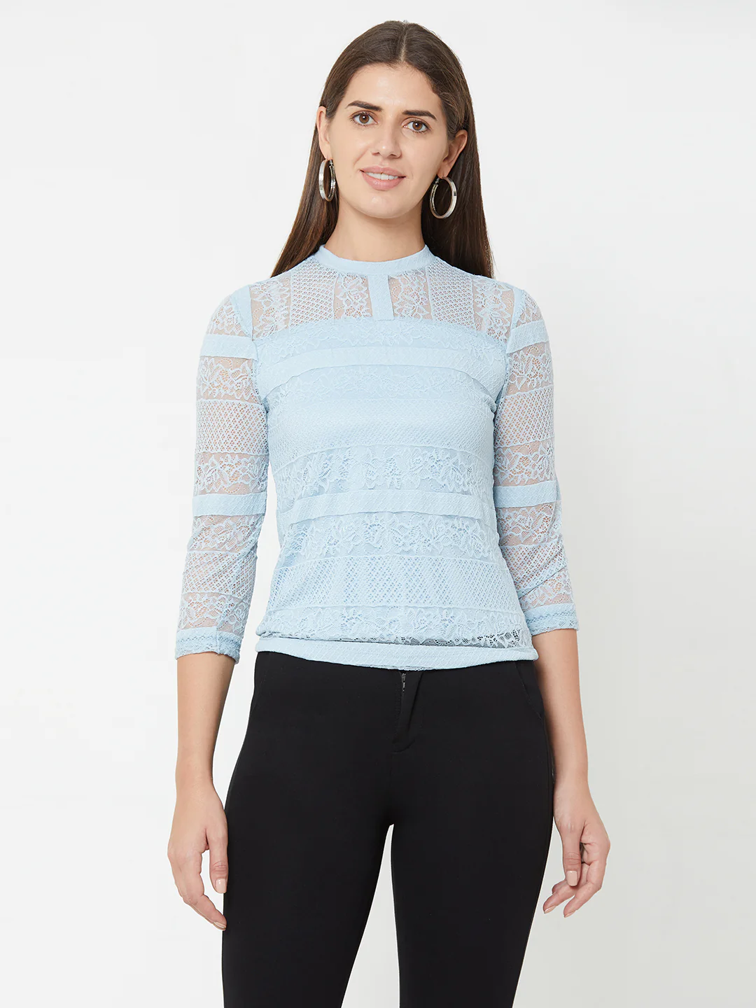 Women Aqua Blue Slim Lace Top - Image 2