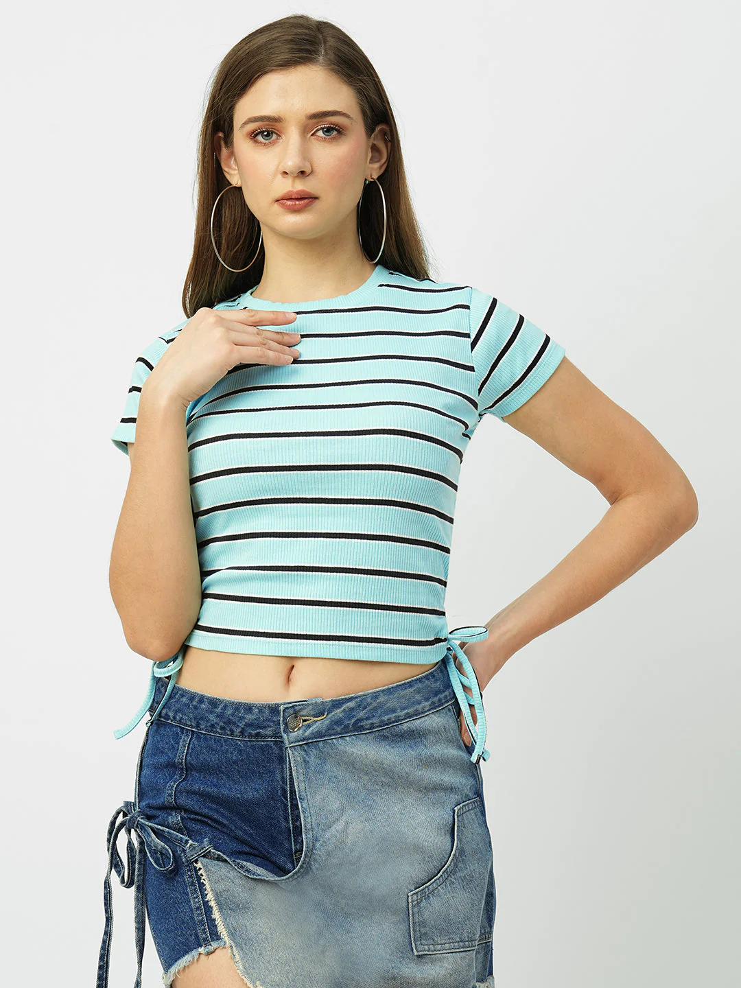Women Aqua Blue Striped Slim T-Shirt