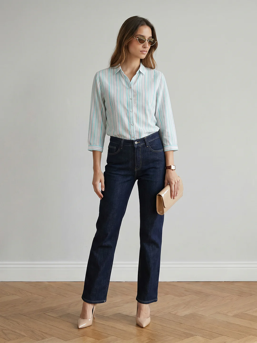 Women Aqua/Lavender Striped Shirt