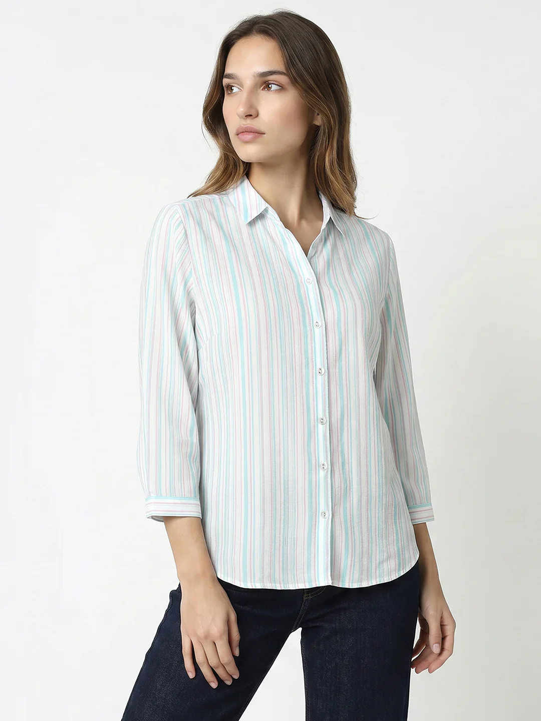 Women Aqua/Lavender Striped Shirt - Image 2