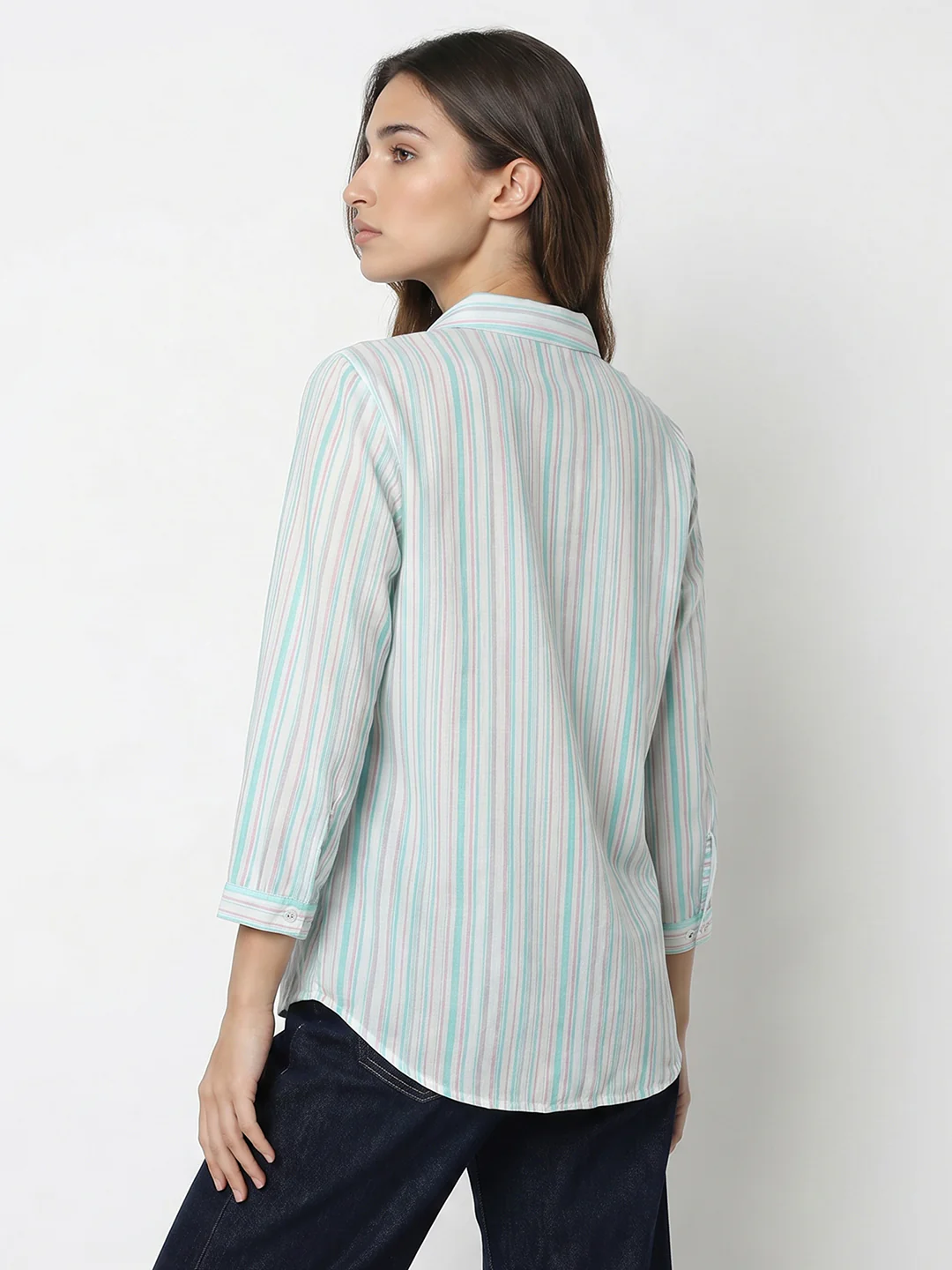 Women Aqua/Lavender Striped Shirt - Image 3