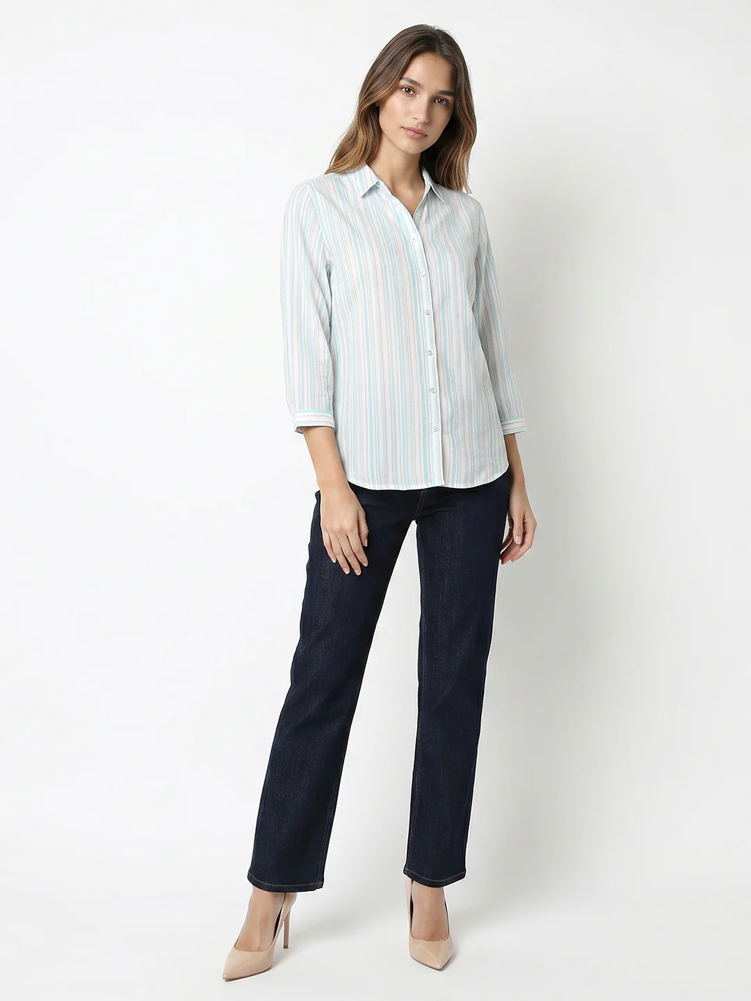 Women Aqua/Lavender Striped Shirt - Image 4