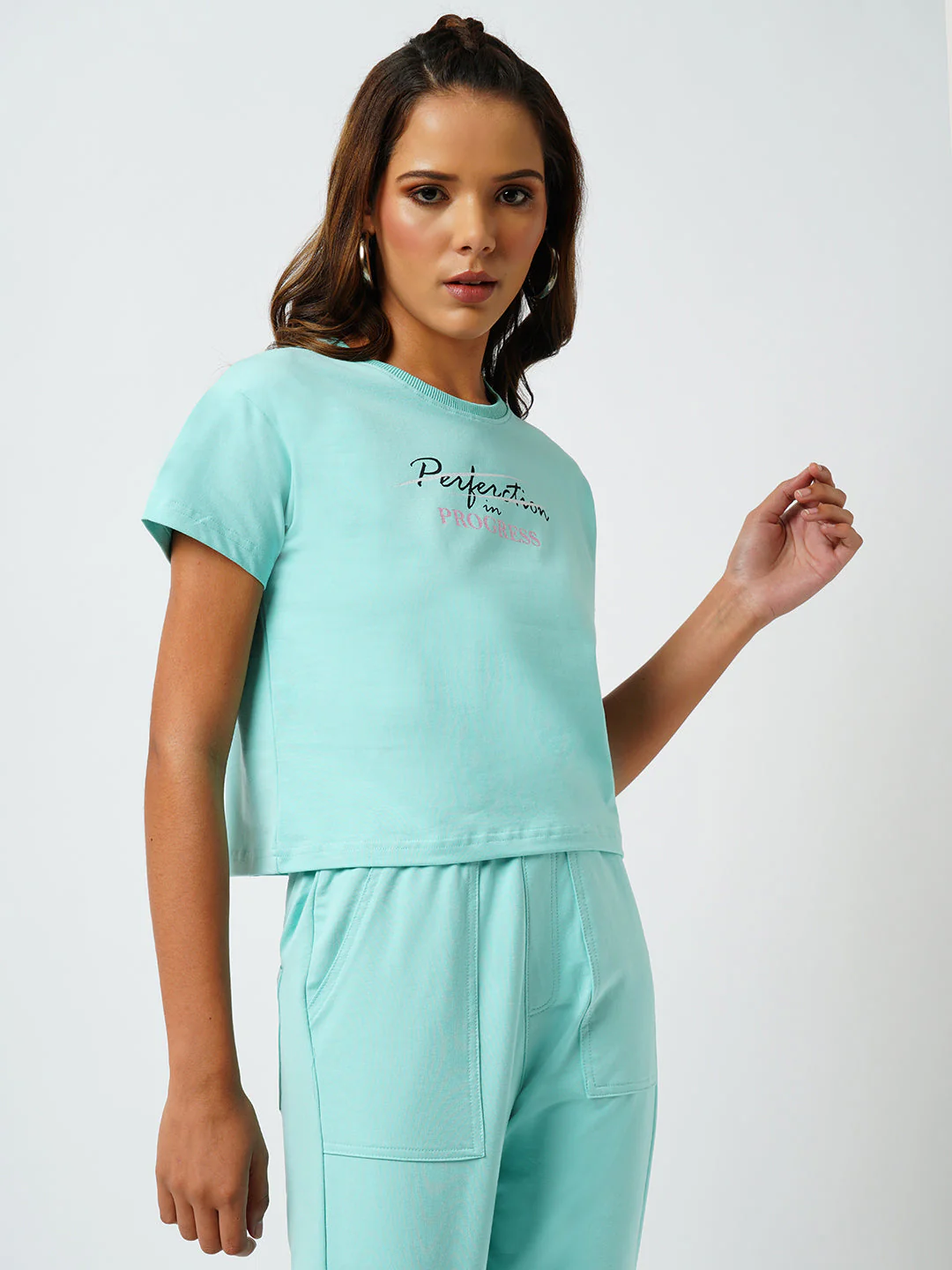 Women Aqua Sky Printed Short Sleeves Athleisure Top - Image 4