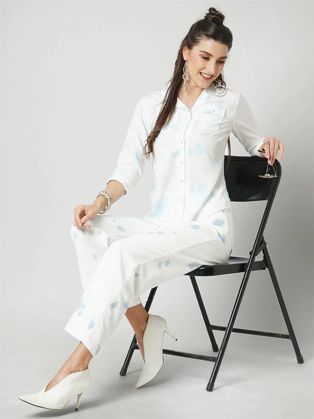Women Aqua White High-Rise Wide Leg Jeans