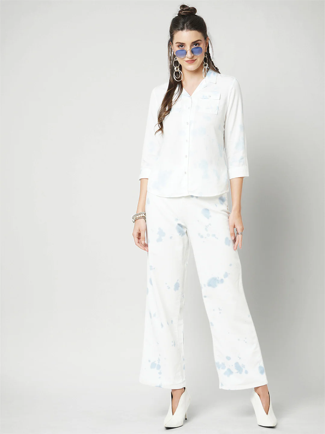Women Aqua White High-Rise Wide Leg Jeans - Image 2