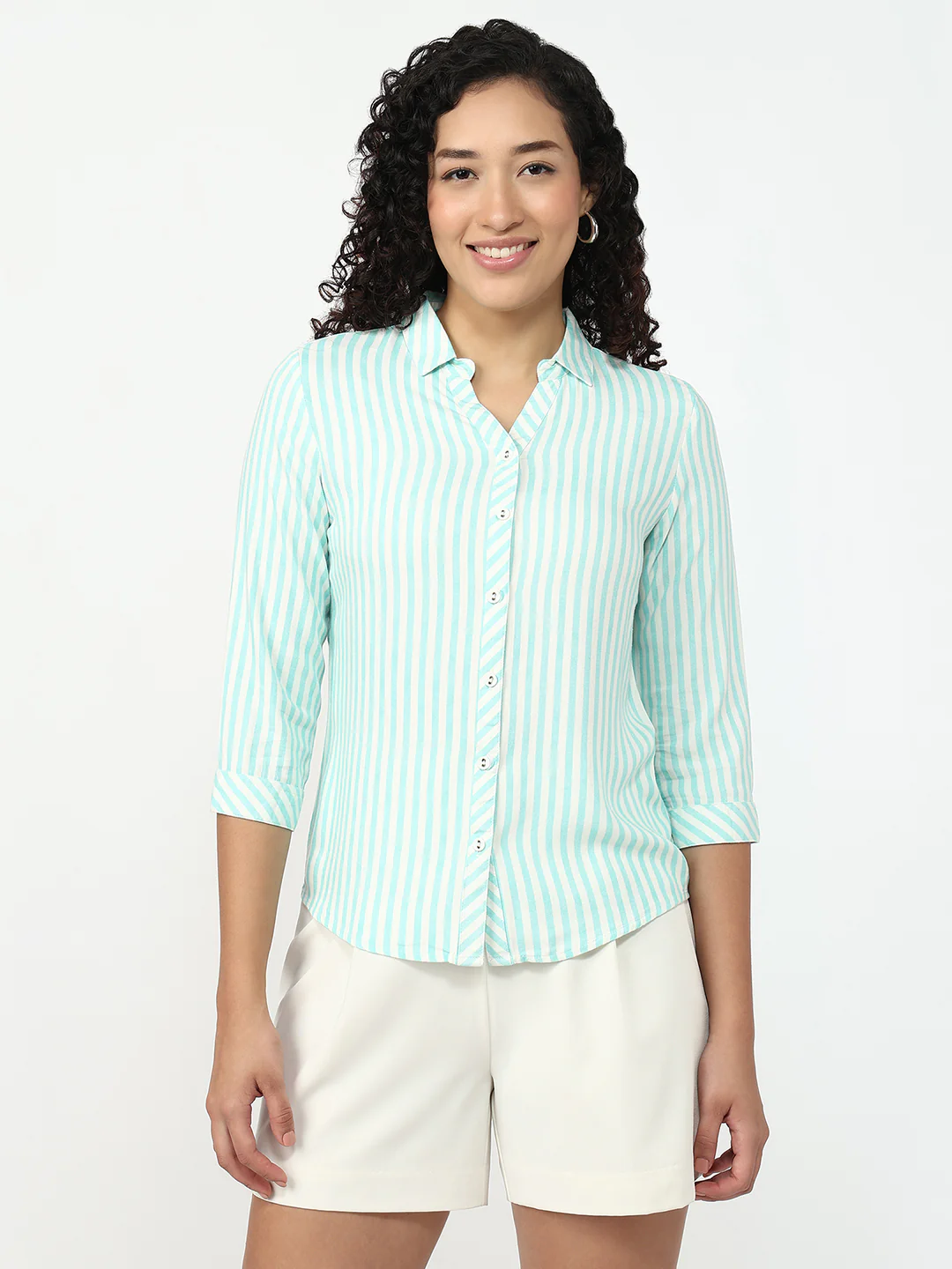 Women Aqua/White Slim Shirt - Image 2