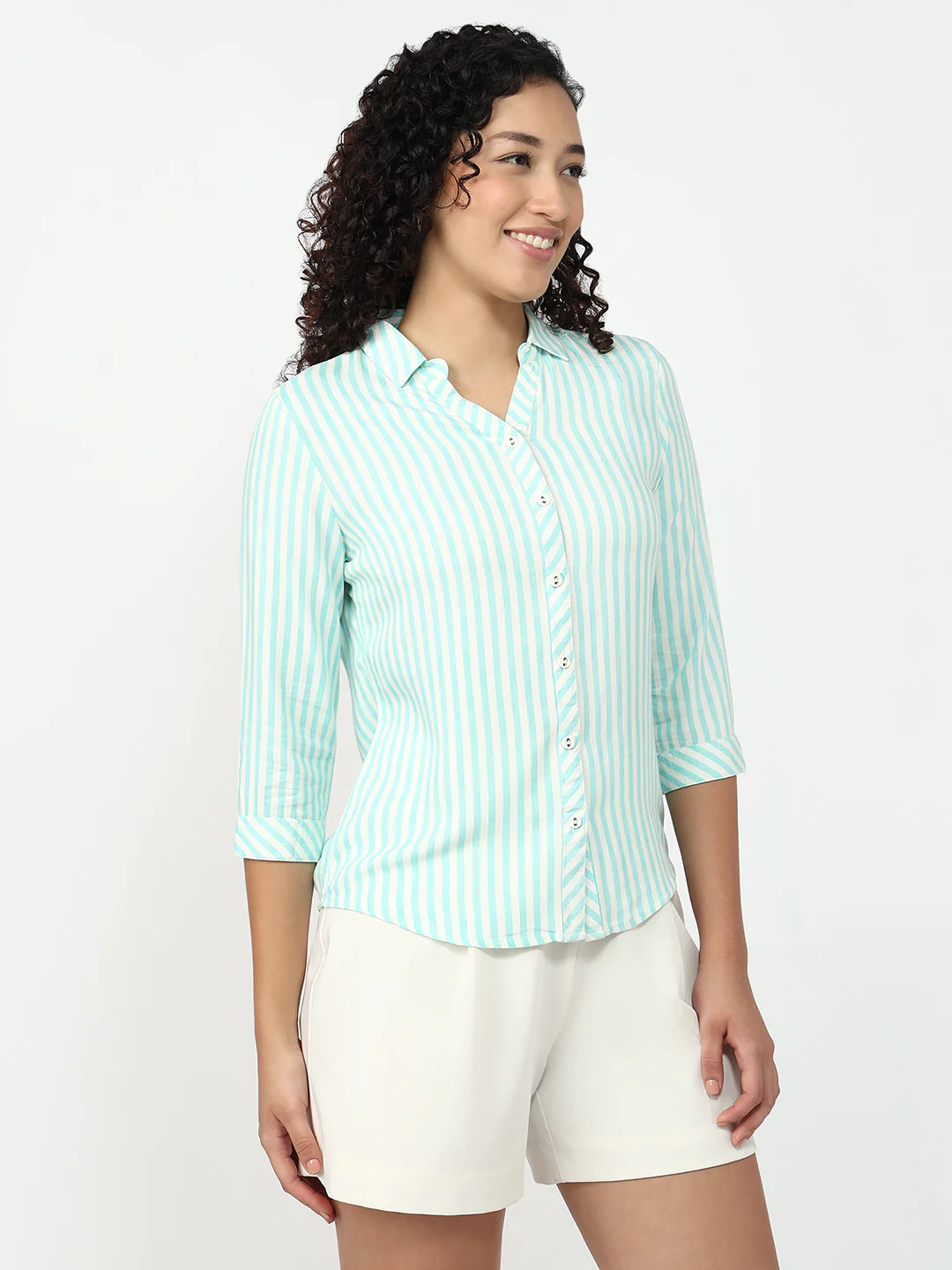 Women Aqua/White Slim Shirt - Image 5