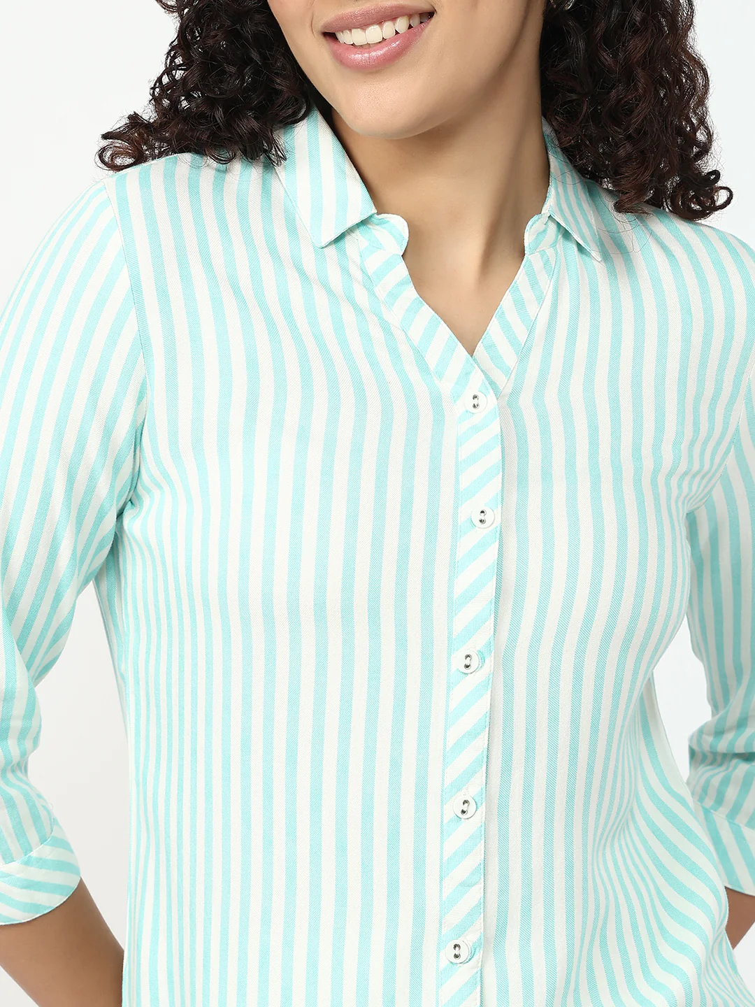 Women Aqua/White Slim Shirt - Image 6