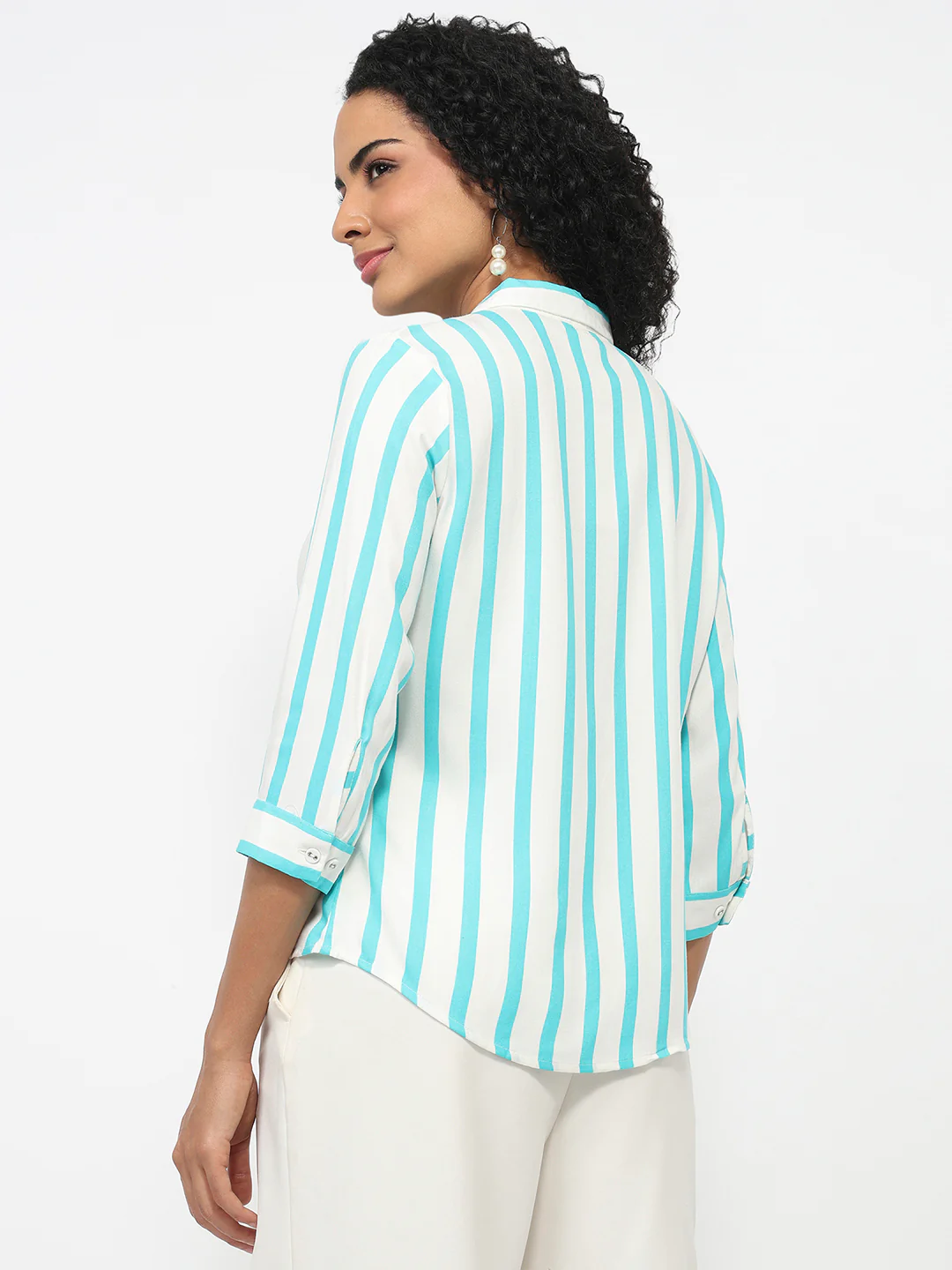 Women Aqua/White Striped Shirt - Image 3