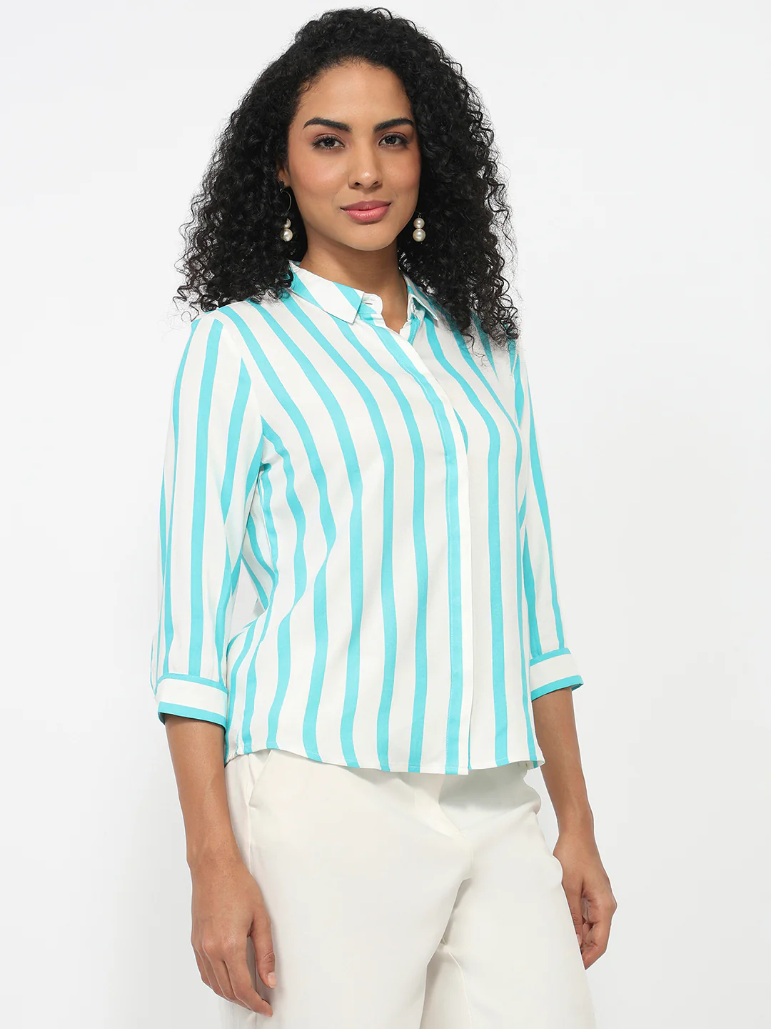 Women Aqua/White Striped Shirt - Image 5