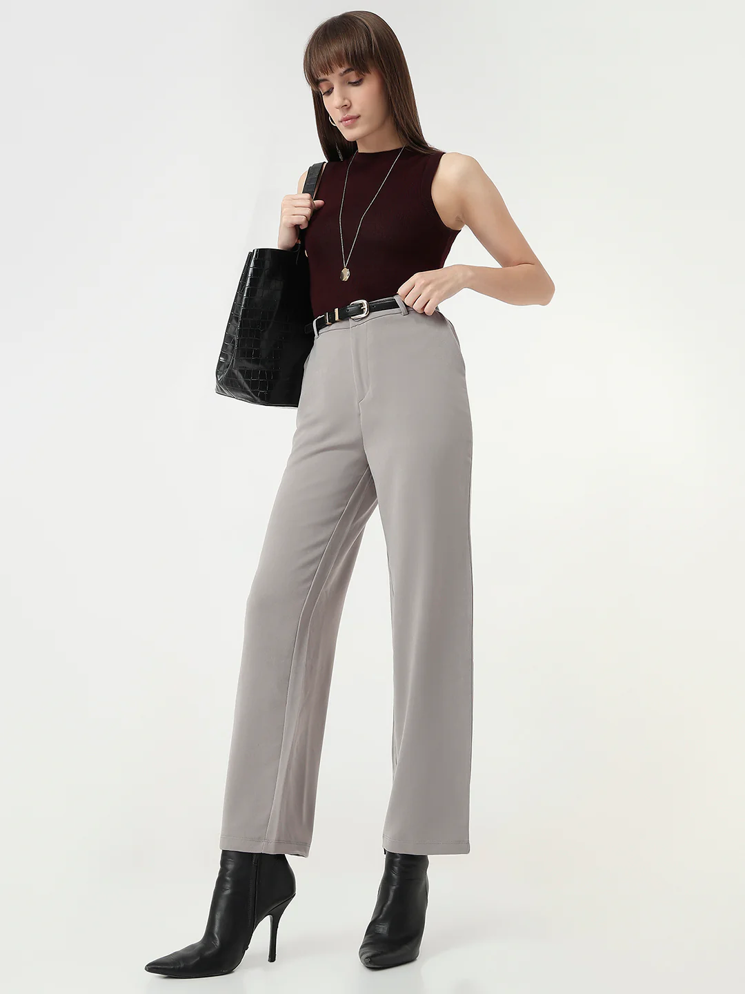 Women Ash High-Rise Straight Fit Korean Pants