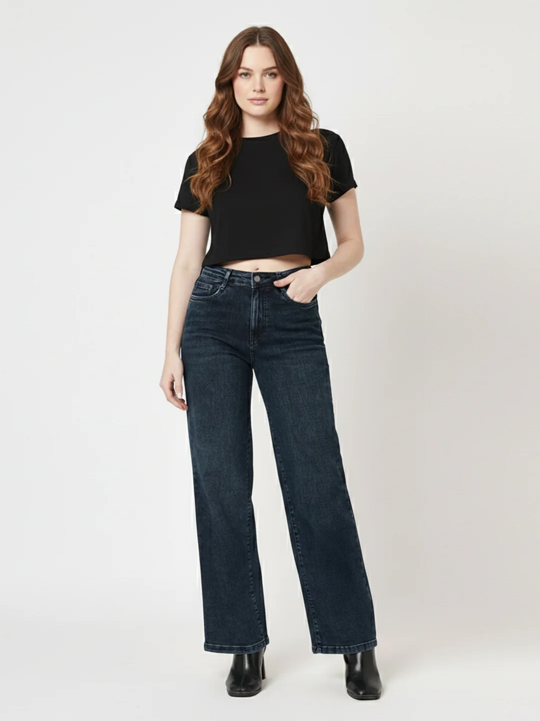 Women Autumn Blue High-Rise Wide Leg Jeans - Image 4