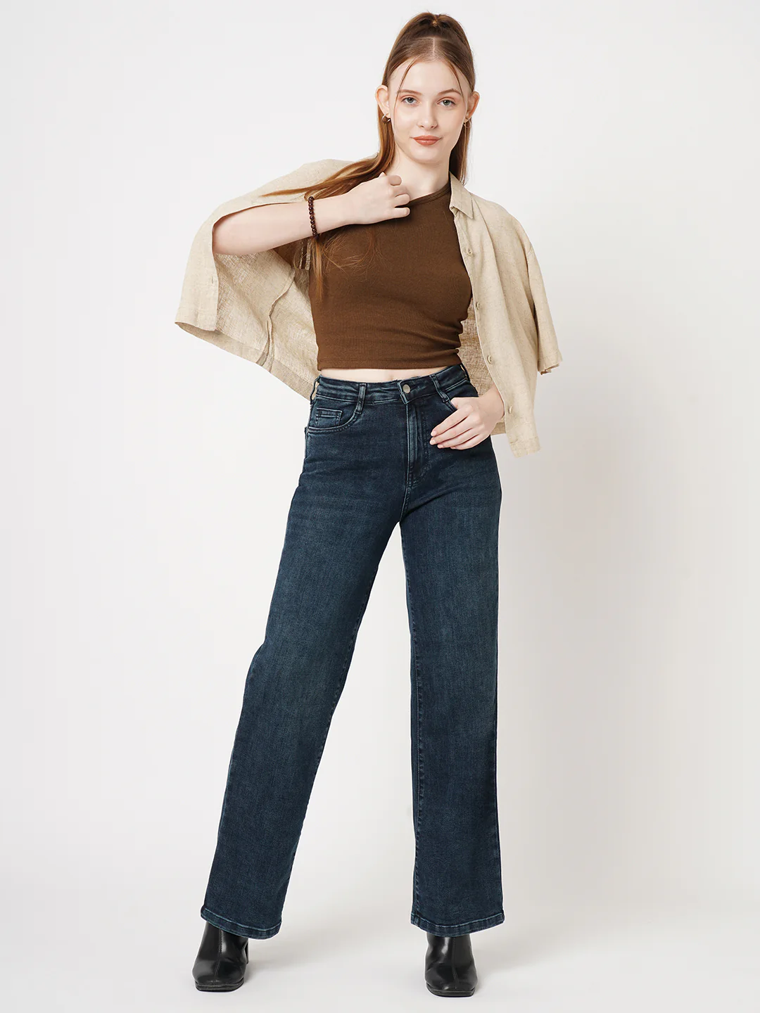 Women Autumn Blue High-Rise Wide Leg Jeans - Image 4