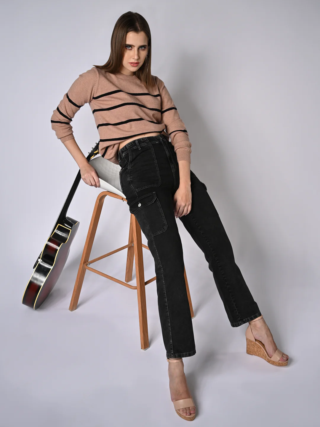 Women Beige /Black Slim Fit Sweater