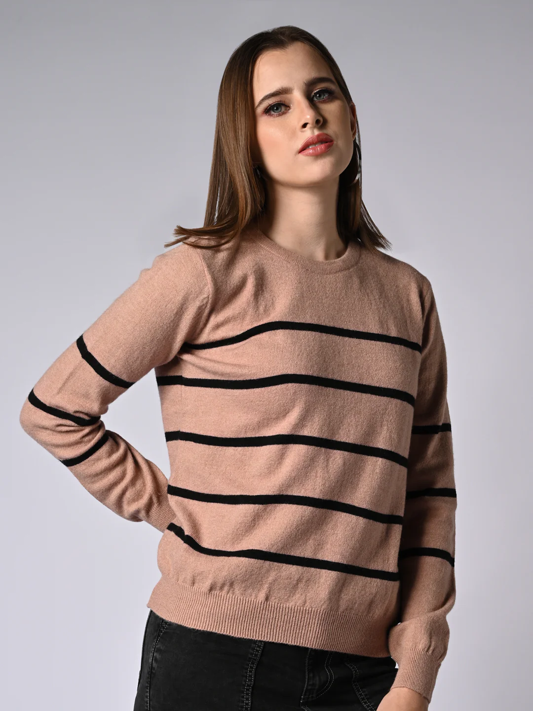 Women Beige /Black Slim Fit Sweater - Image 4