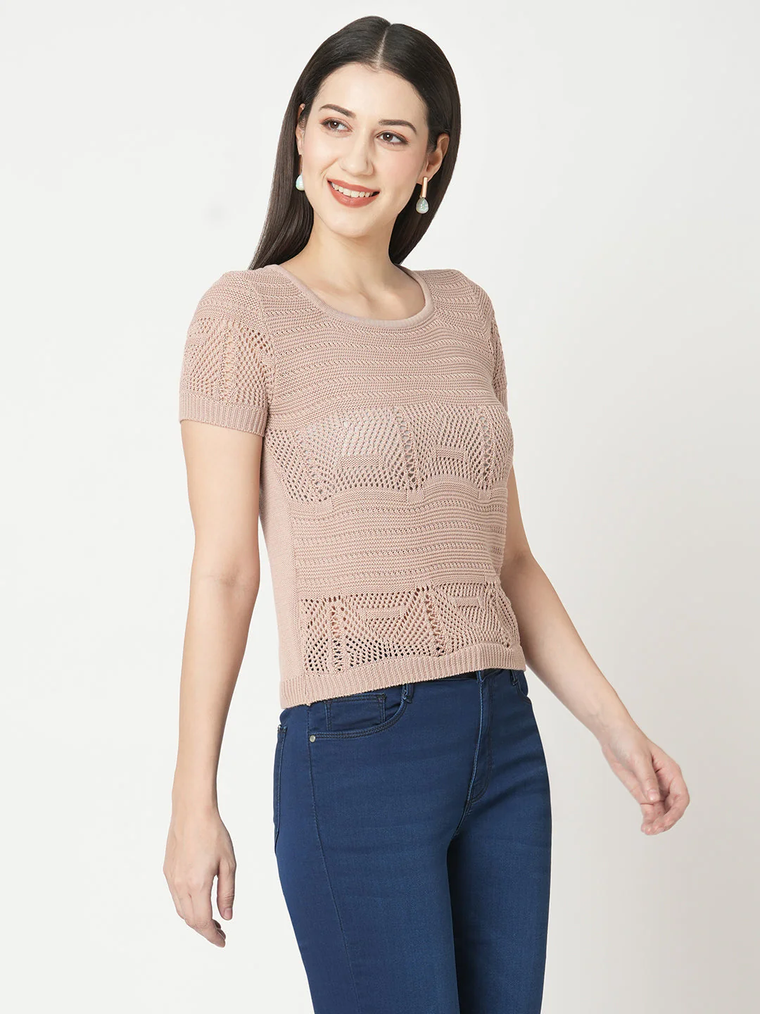 Women Beige Flat Knit Top - Image 4