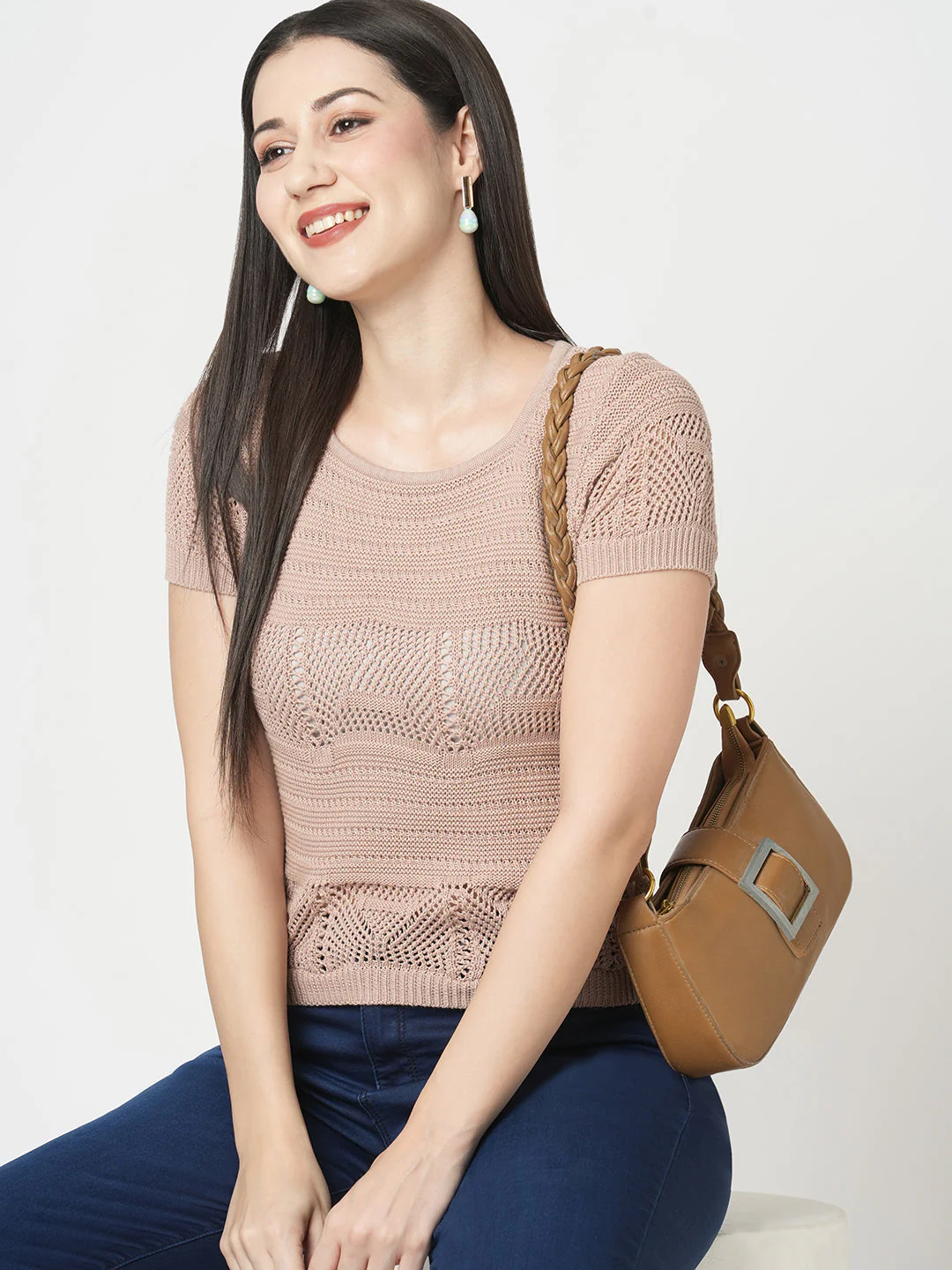 Women Beige Flat Knit Top - Image 5