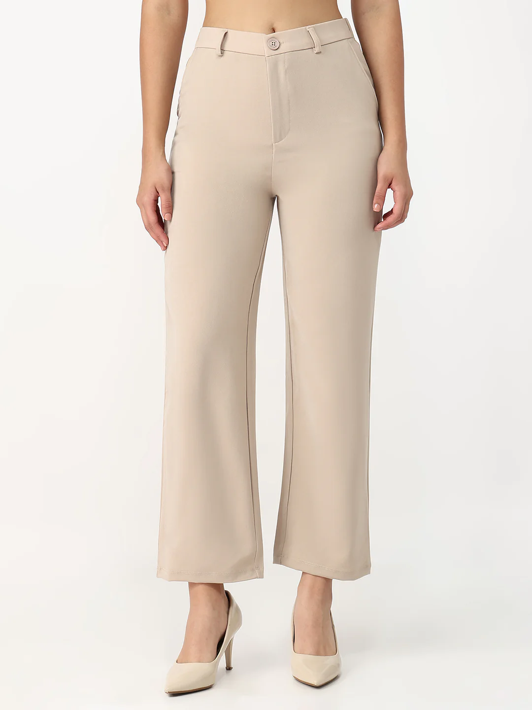 Women Beige High-Rise Loose Straight Fit Korean Pants - Image 2