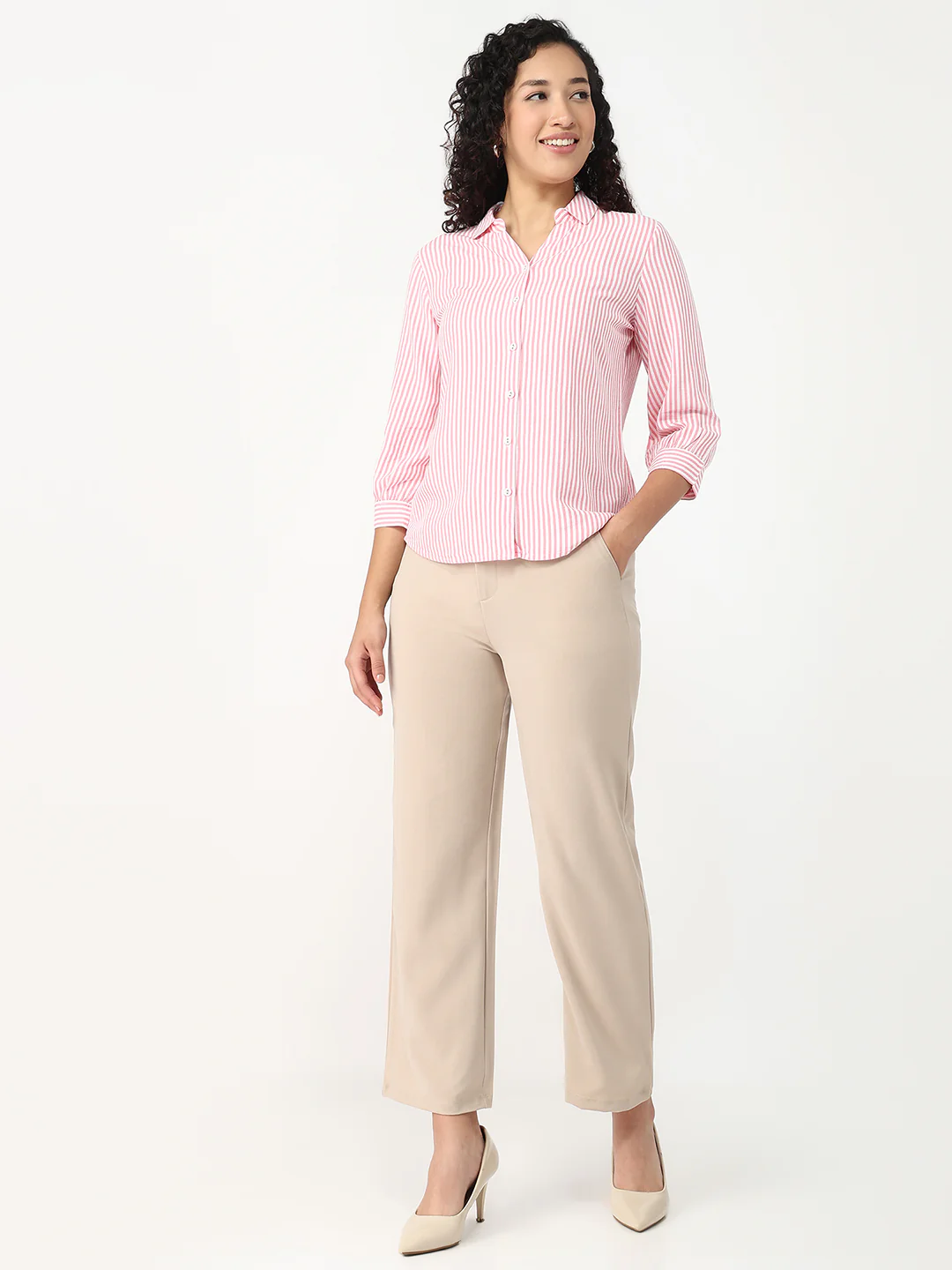 Women Beige High-Rise Loose Straight Fit Korean Pants - Image 4