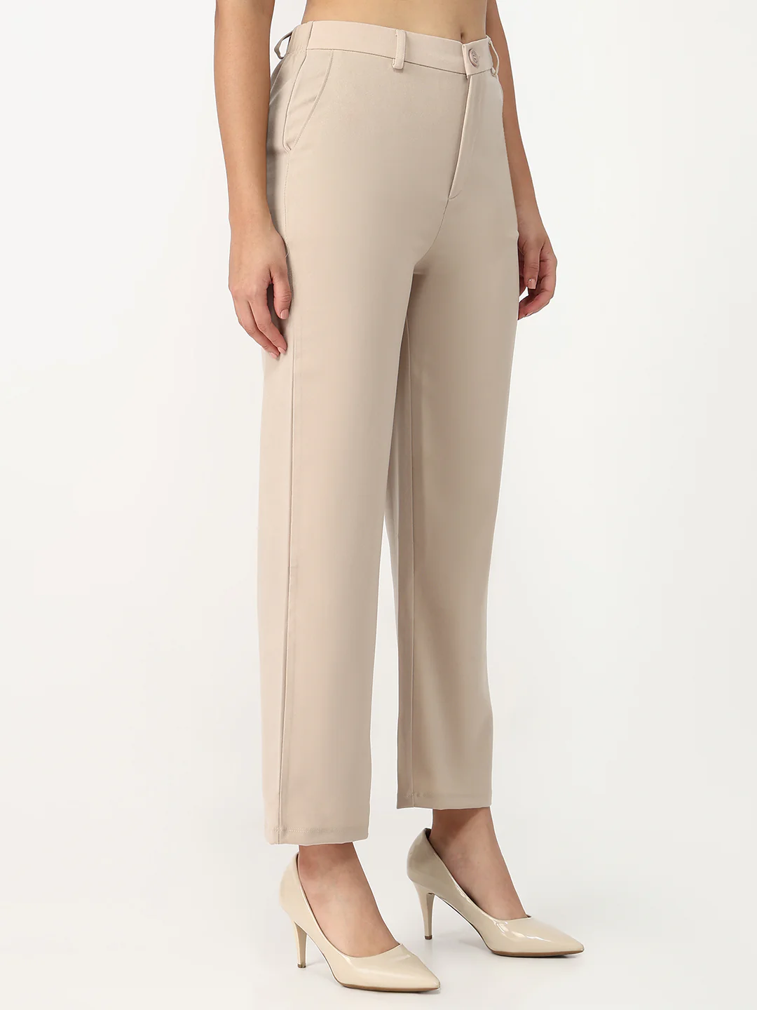 Women Beige High-Rise Loose Straight Fit Korean Pants - Image 5