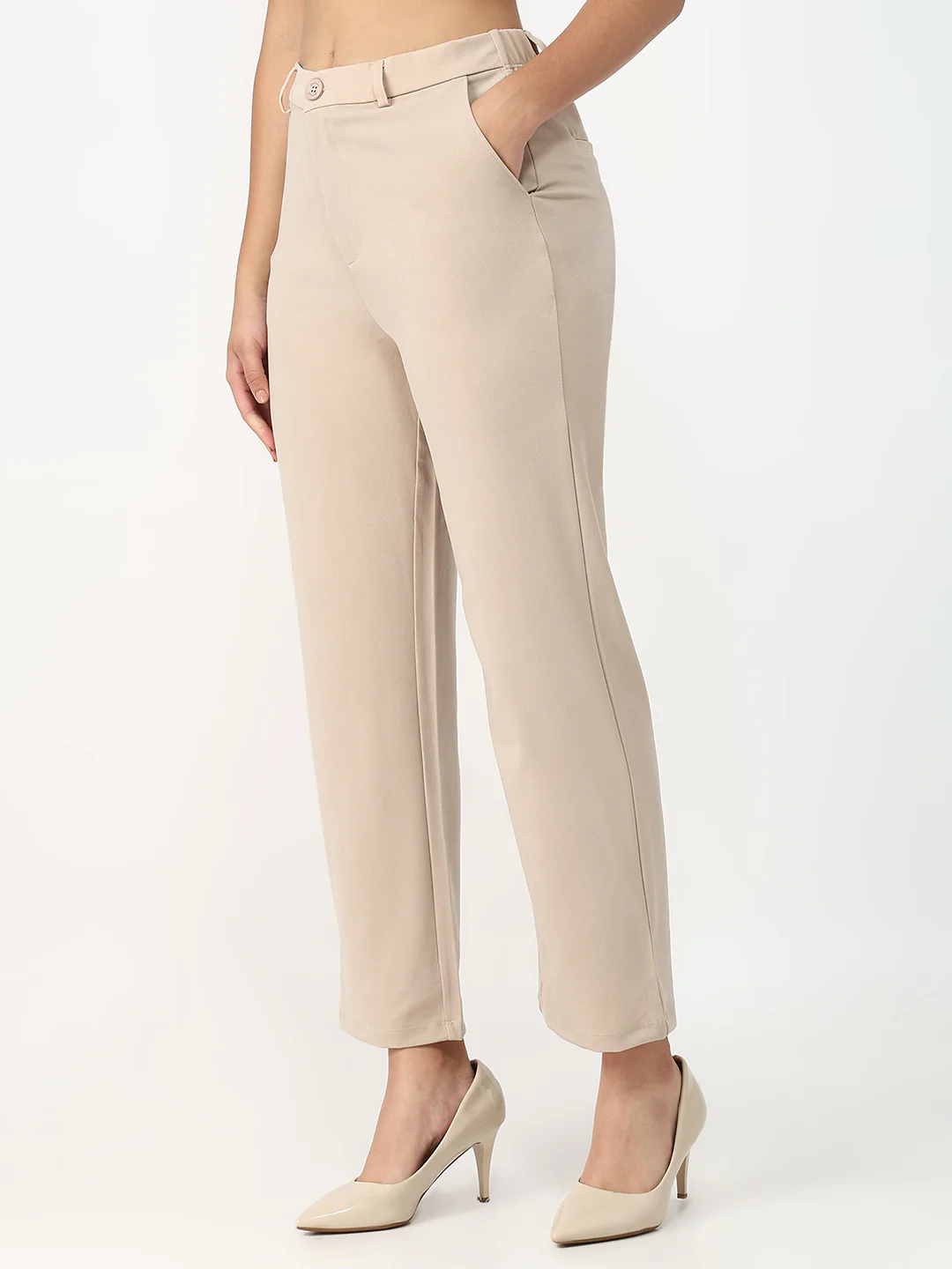Women Beige High-Rise Loose Straight Fit Korean Pants - Image 7