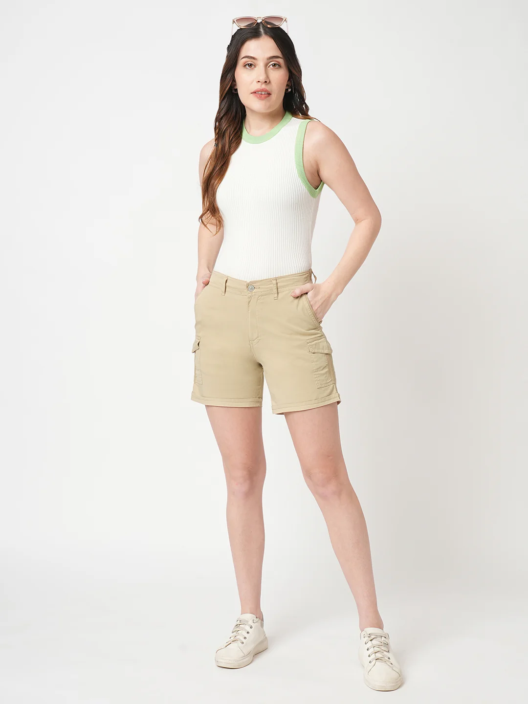 Women Beige High-Rise Slim Shorts - Image 4