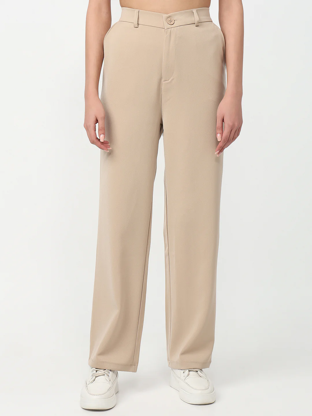 Women Beige High-Rise Straight Fit Pants - Image 2