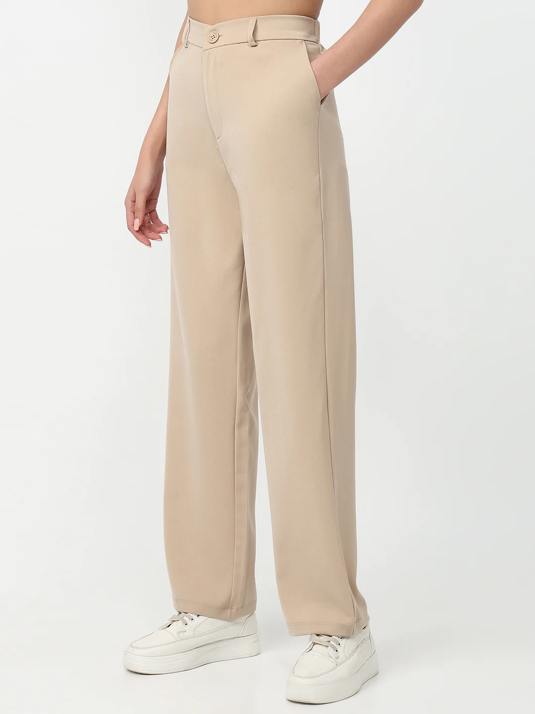 Women Beige High-Rise Straight Fit Pants - Image 8