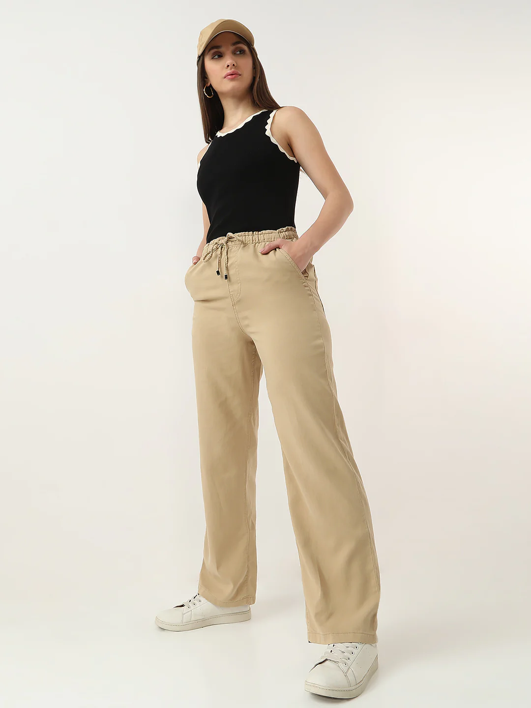 Women Beige Loose Straight Fit Trouser