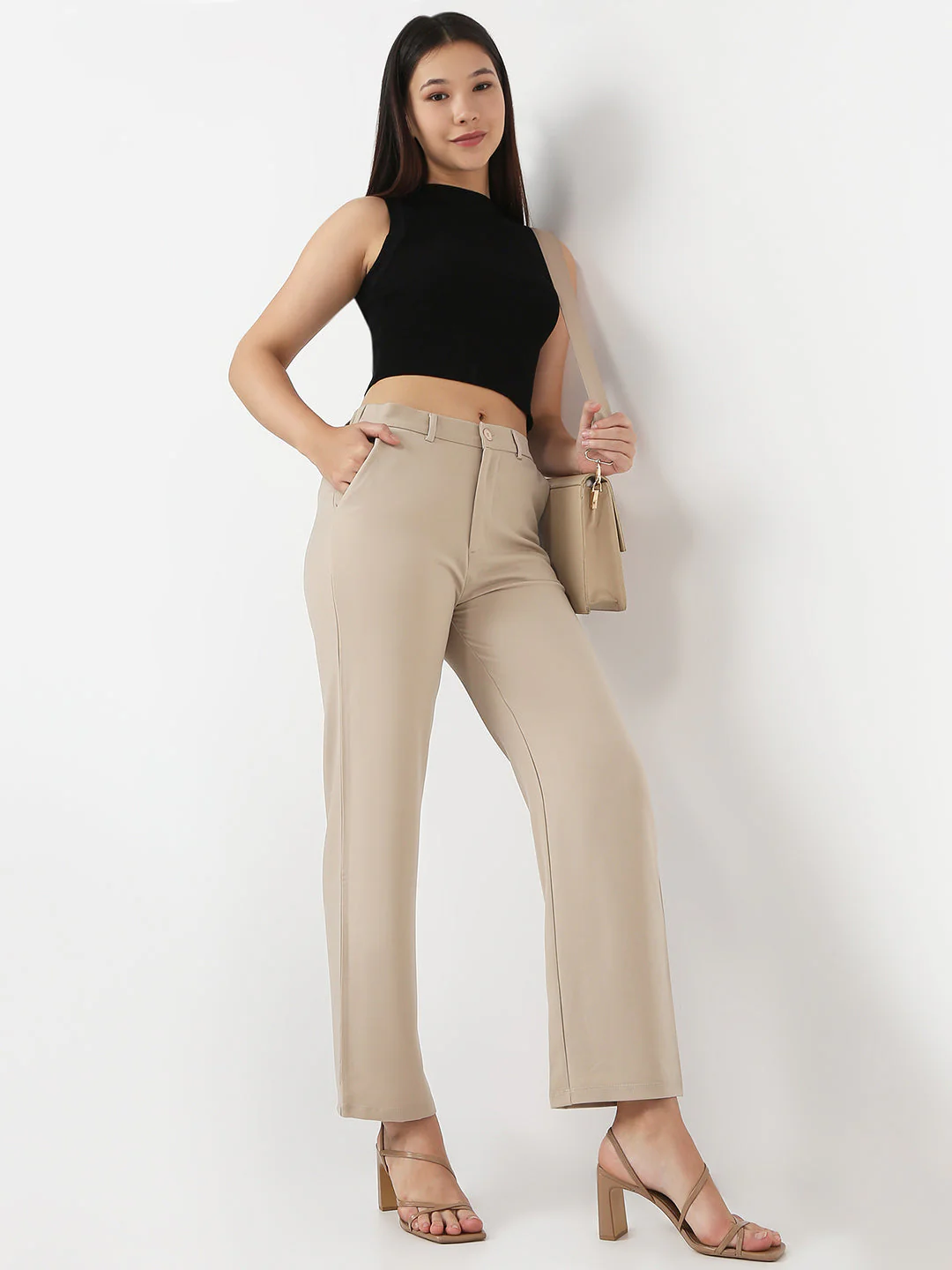 Women Beige Loose Straight Korean Pants