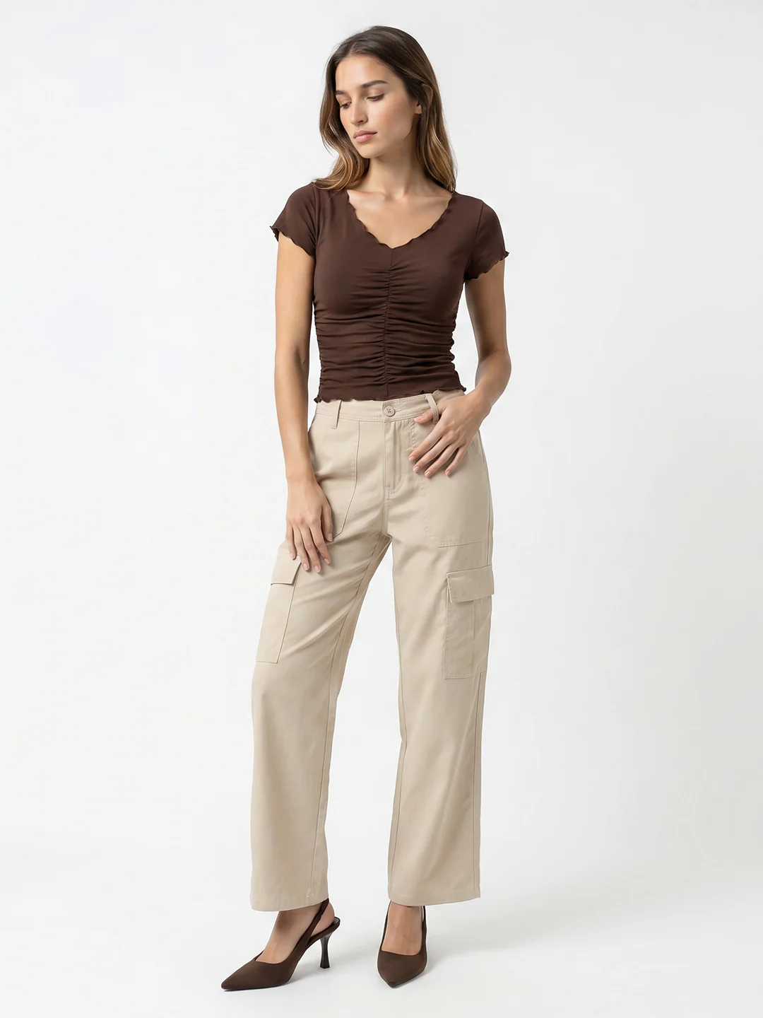 Women Beige Mid-Rise Cargo - Image 4