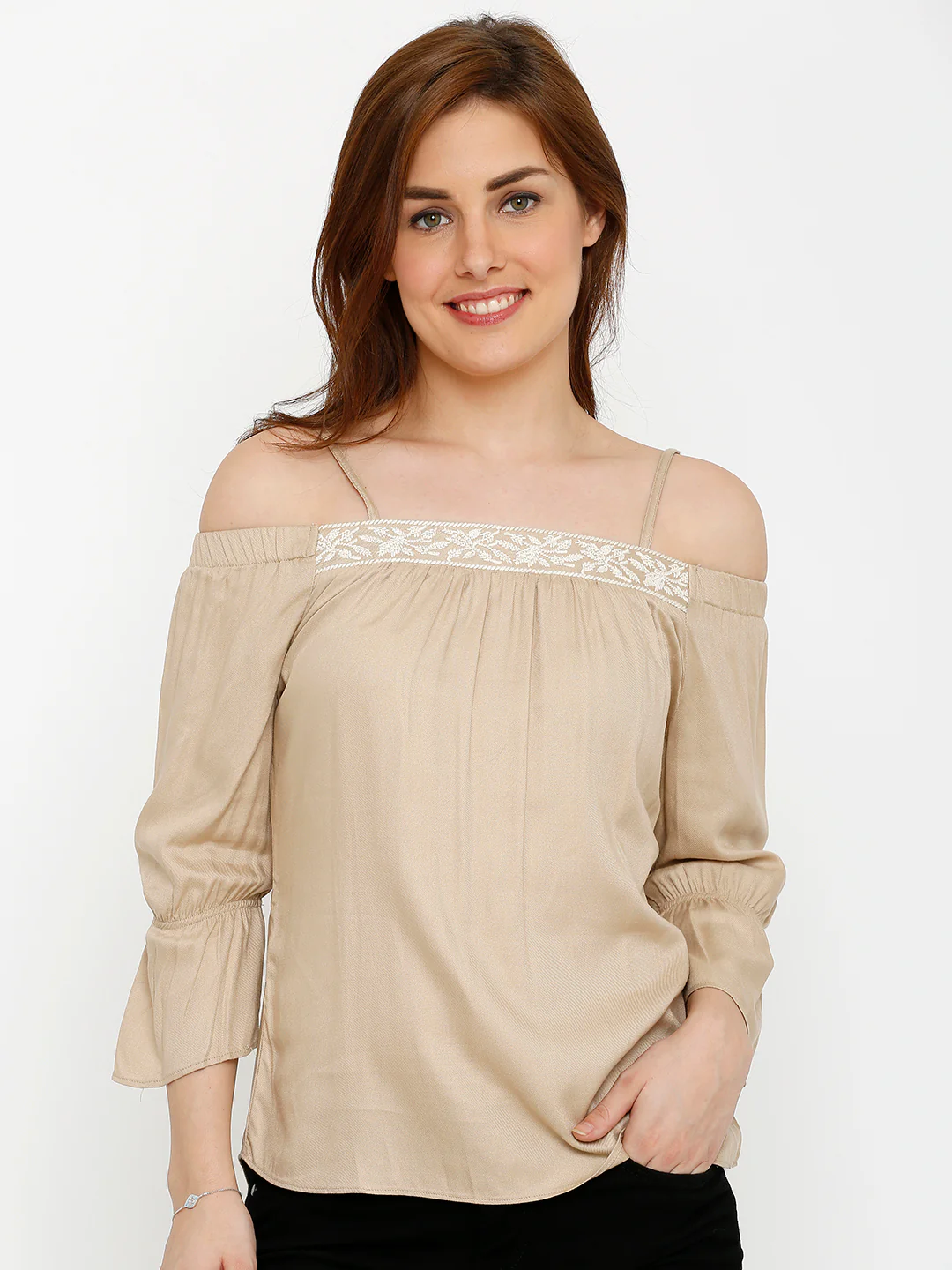 Women Beige Off Shoulder Top - Image 2