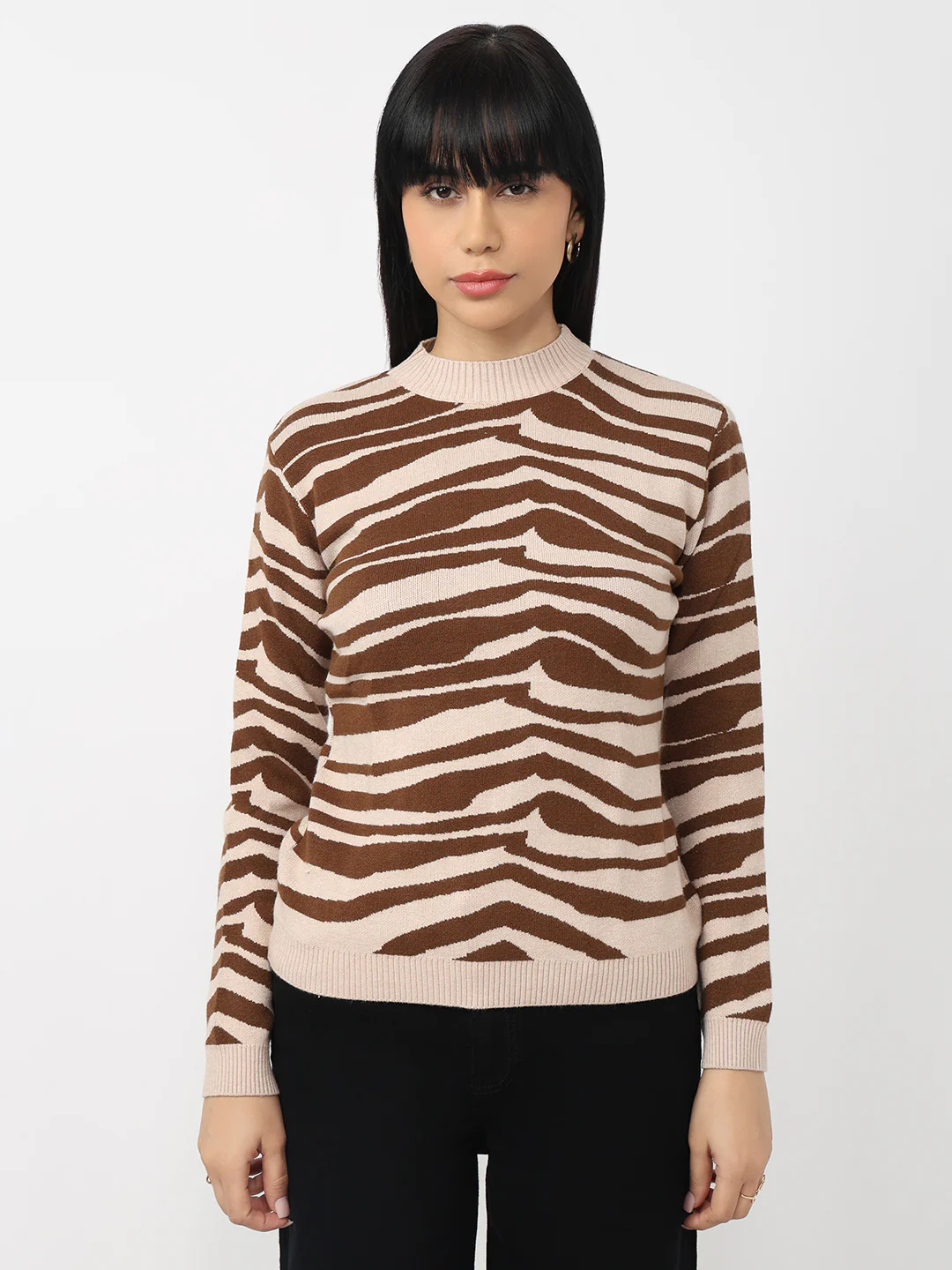 Women Beige/Sepia Slim Fit Sweater - Image 2