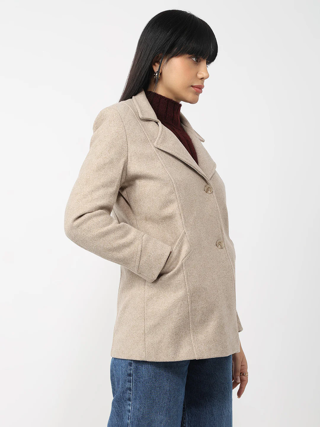 Women Beige Slim Fit Coat - Image 4