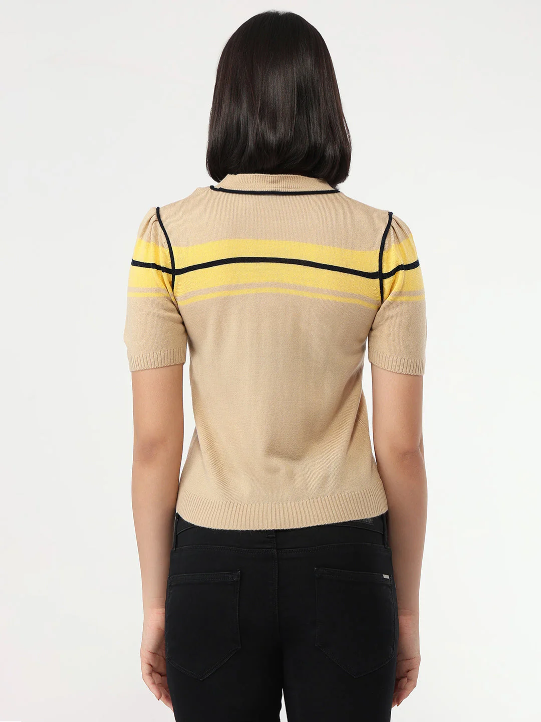 Women Beige Slim Fit Flat Knit Top - Image 3