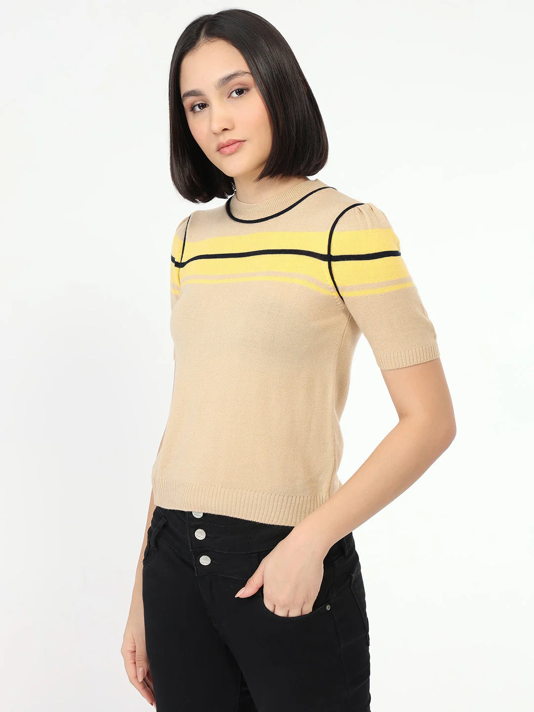 Women Beige Slim Fit Flat Knit Top - Image 4