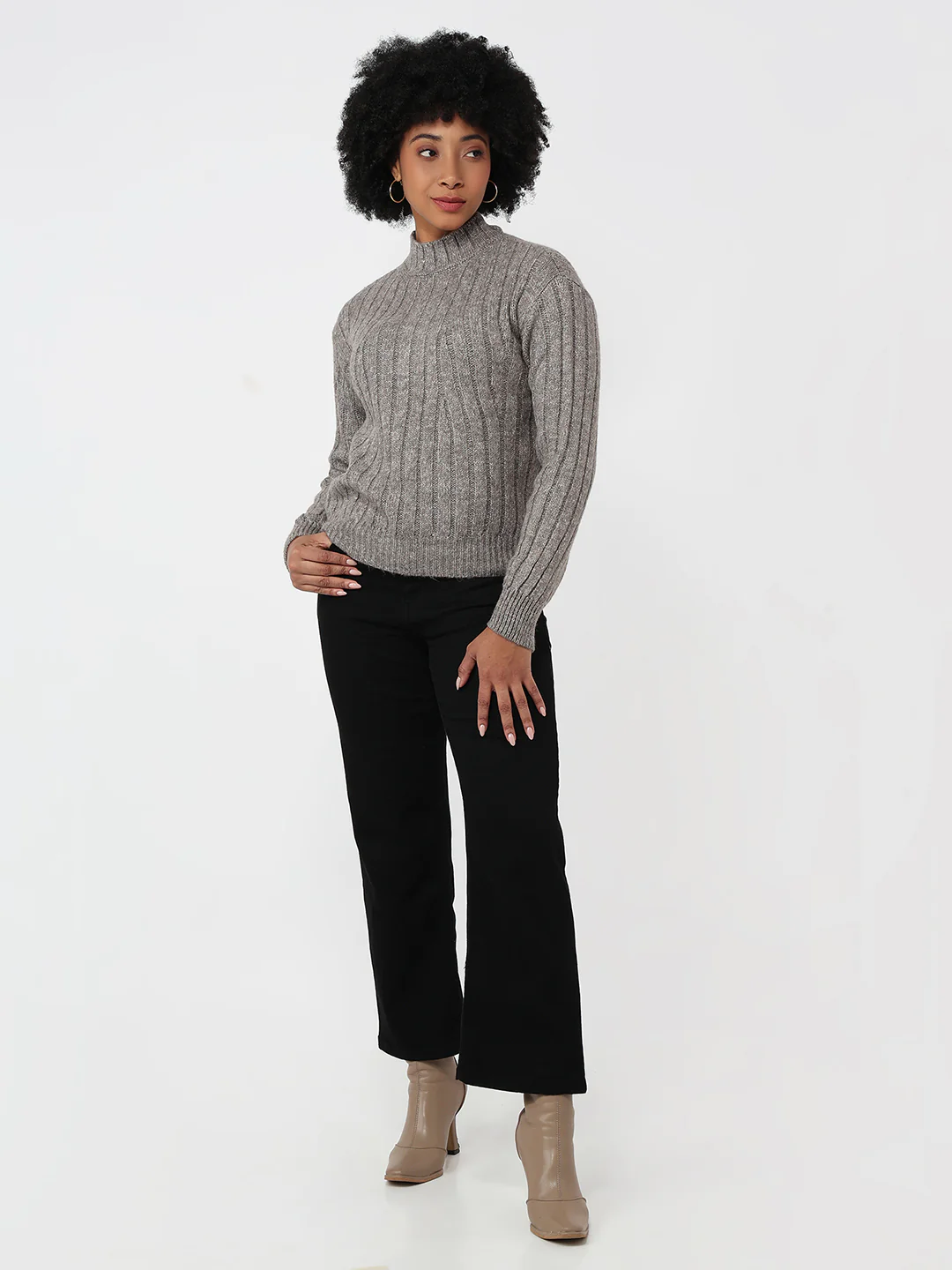 Women Beige Slim Fit Sweater - Image 4