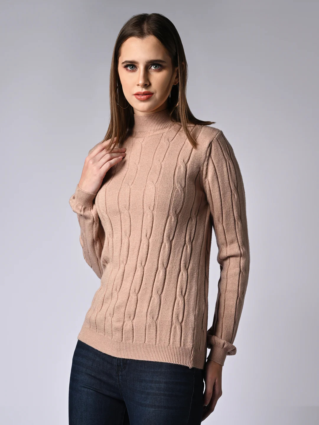 Women Beige Slim Fit Sweater - Image 2