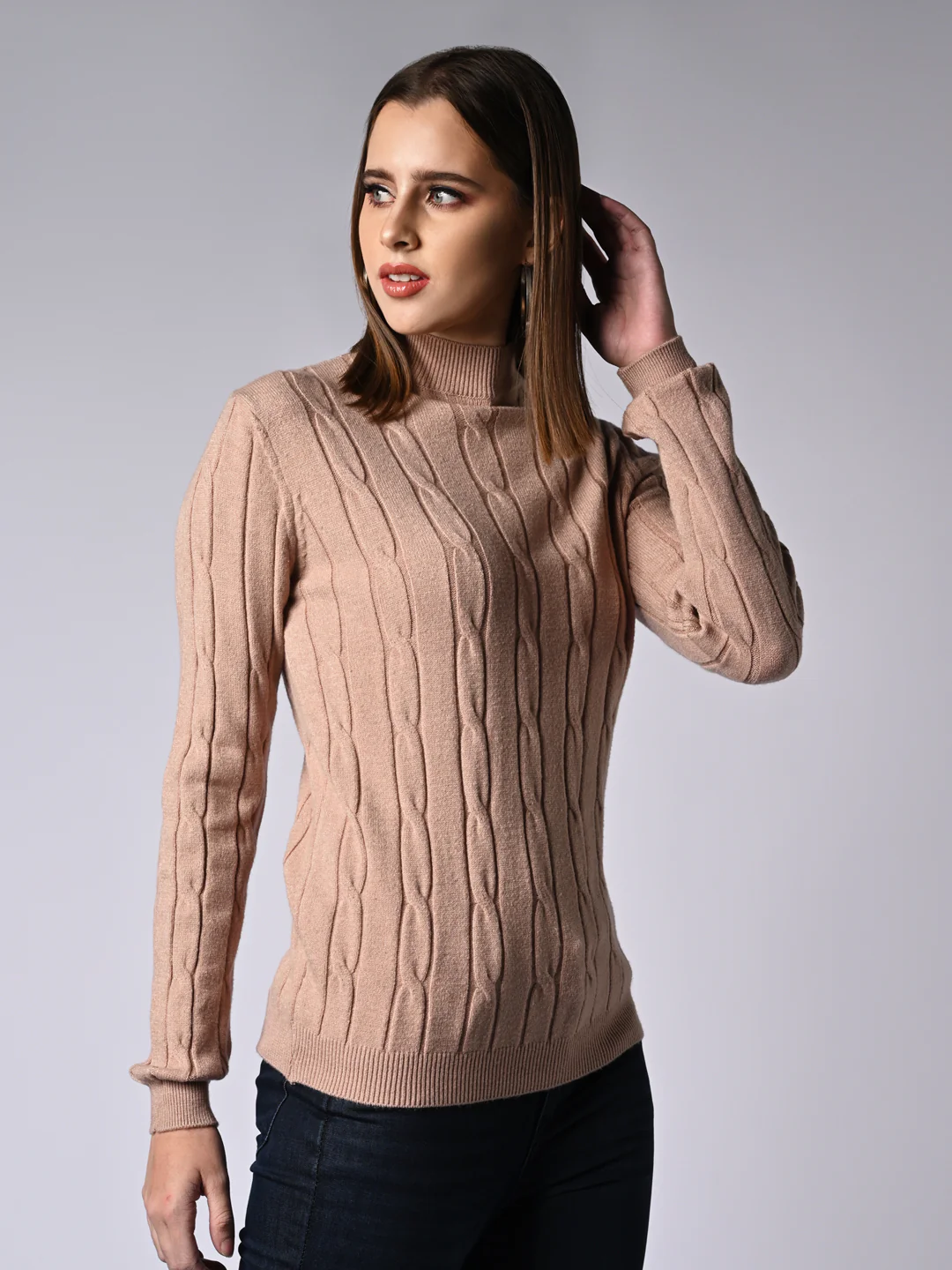 Women Beige Slim Fit Sweater - Image 4