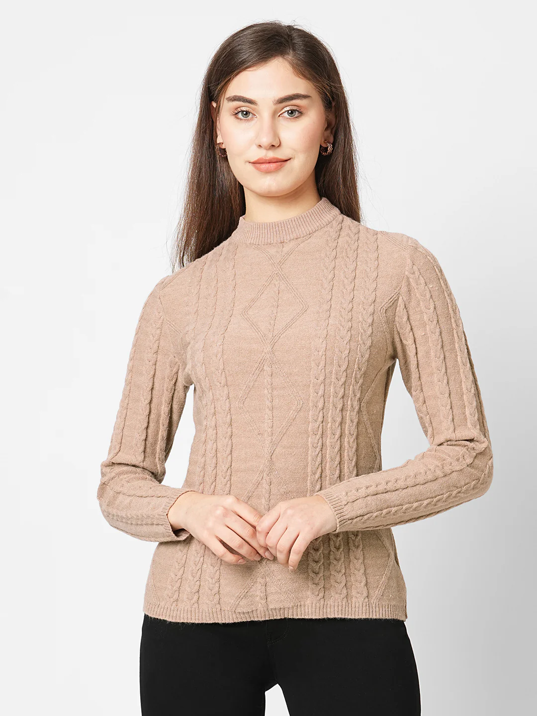 Women Beige Slim Fit Sweater - Image 2