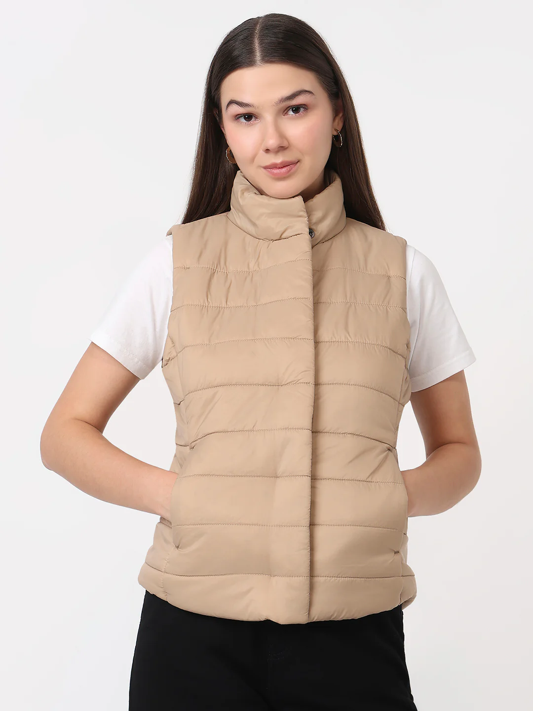 Women Beige Slim Fit Winter Jacket - Image 2