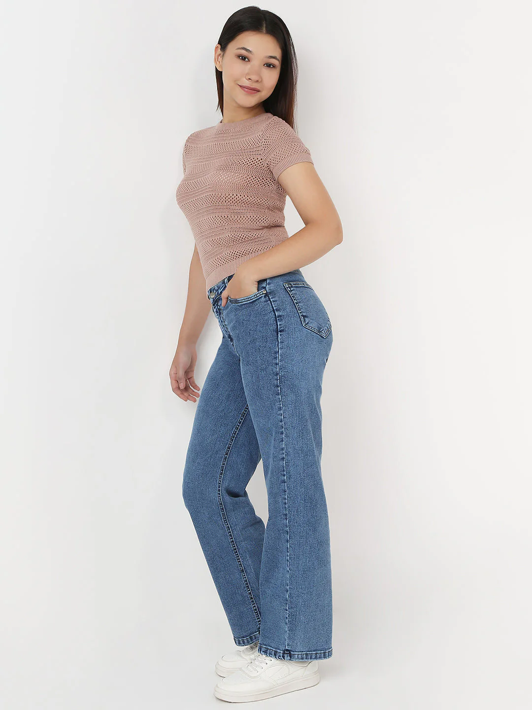 Women Beige Slim Flat Knit Top - Image 2