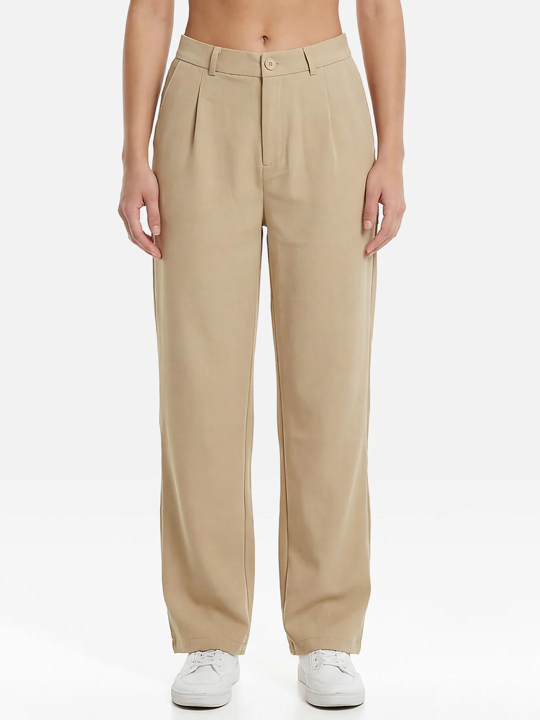 Women Beige Straight Korean Pants - Image 2